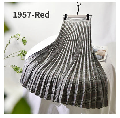 Looks Thin Pleated Skirt 2025 New High Waist A-line Skirt Mid-length Big Size Plaid Skirt Long Pleated Skirt Length 75-90cm