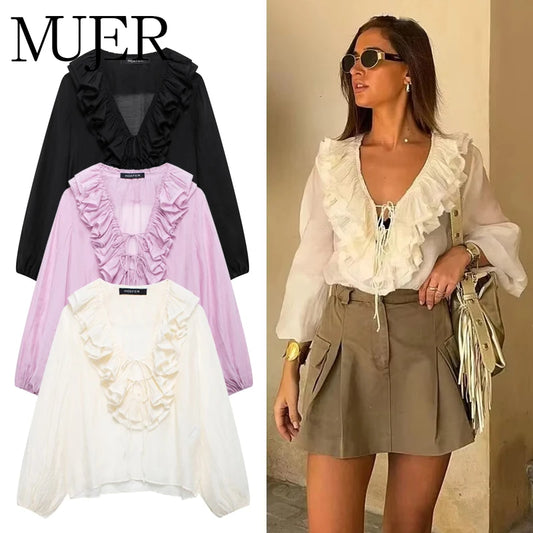 MUJER 2025 Ruffle Blouses for Women Semi Sheer Casual Blouse Woman Pleated Summer Shirts and Blouses Women Long Sleeve Women Top.