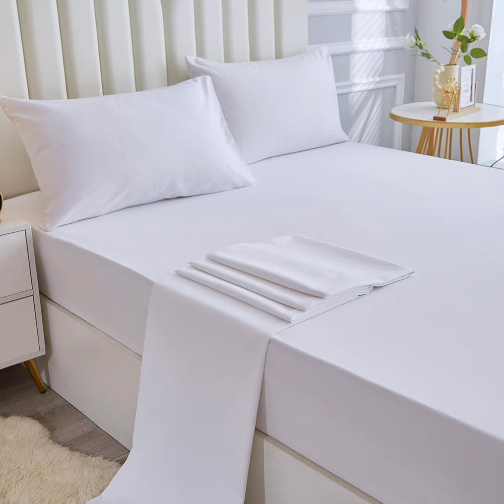 3/4pcs Solid Beding Set, Waterproof Fitted sheet & Bed Sheet & Pillowcases Soft, Queen, KIng, Full, Twin Size, White and Gray