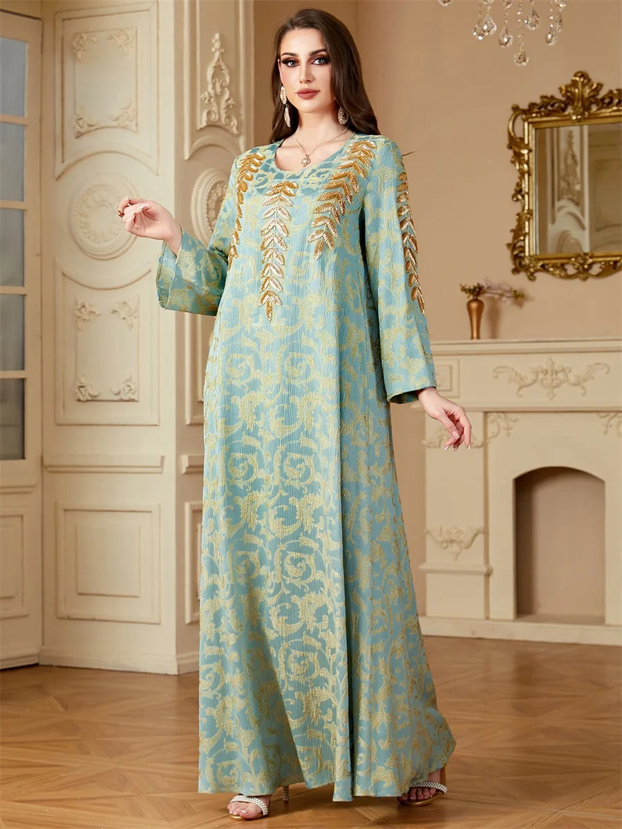 Siskakia Ramadan Dubai Elegant Floral Print Abayas For Muslim Women's Jacquard Beading Kebaya O-Neck Long Dresses.