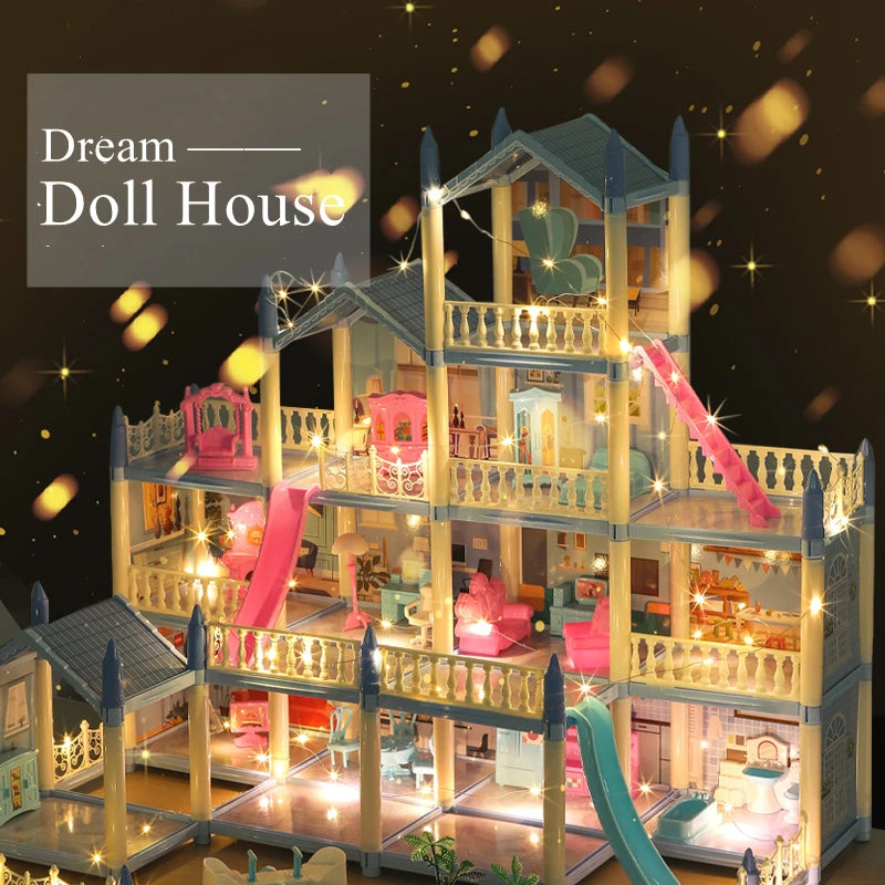 Girls Toddler Doll House - Large Doll House with 4 Dolls, Furniture, Accessories, LED Lights, 4 Stories Princess Dream House Toy.