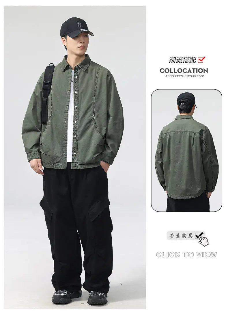 Autumn Fashion Vintage Shirt Style Jacket Men Streetwear Loose Casual Plus Size Washed Cotton Cargo Jacket Man Coat Outerwear.