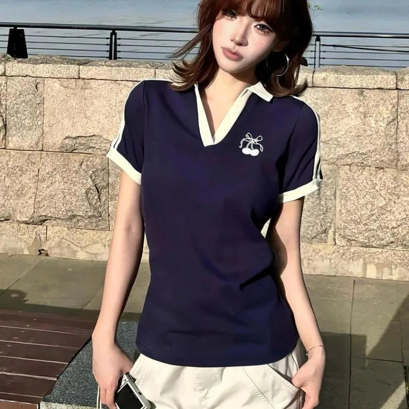 Deeptown Vintage Embroidery Women T-Shirts Striped Short Sleeve American Style Polo Neck Tees Slim Preppy Gyaru Summer Youthful.