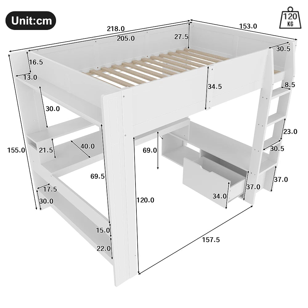 KOMHTOM Gaming Hochbett, Weiß, mit Schreibtisch, LED-Leuchten, Schublade und Regalen - Ohne Matratze