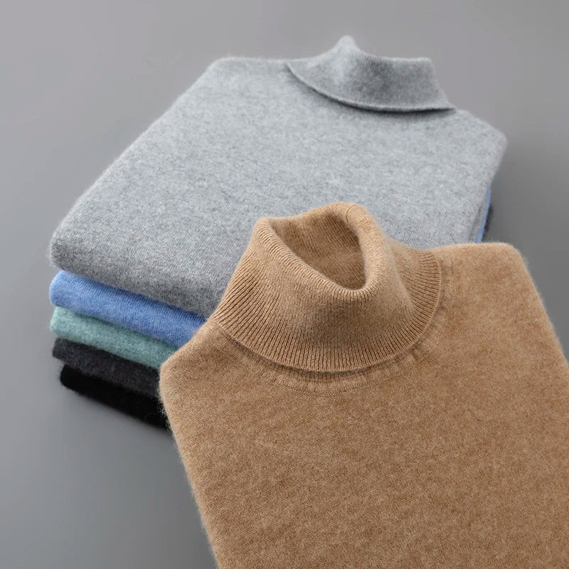 2025 Autumn/Winter High Collar Men's 100% Pure Wool Stylish Youth Loose Knitted Outerwear Flip Collar Casual Base Men's Sweaters.