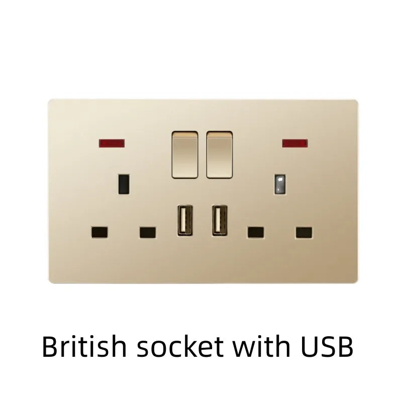 UK Standard 13A Gold USB Stecker Wandsteckdose Lichtschalter, 220V Universal 6-Loch-Doppelsteckdose mit 2,1A USB-Ladeanschluss