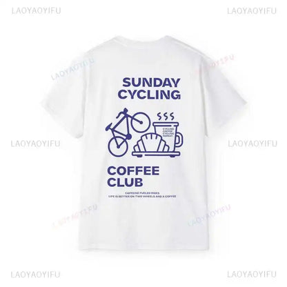 Sunday Cycling Coffee Club Graphic T Shirts Unisex Woman Man Summer Bicycle High Quality Cotton T-shirt Classic Breathable Tops.