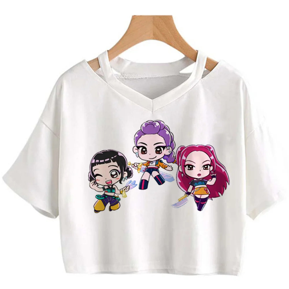 Kpop Demon Hunters Girls O-Neck Casual Women Summer Shirts Crop T-shirt.