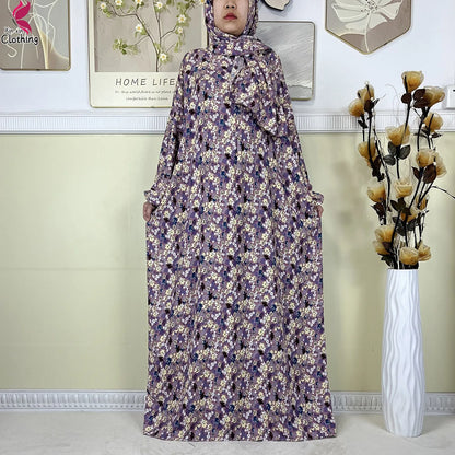 2025 New Muslim Abayas For Women Ramadan Prayer Garment Dubai Middle East Femme Robe Cotton Loose African Dress Turban Attached