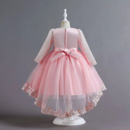 Party-Tüll-Kleider für Mädchen, langärmelig, Spitze, Perlen, nachgestelltes Prinzessinnenkleid für Kinder, Hochzeit, Geburtstag, Performance, Abendkleid.