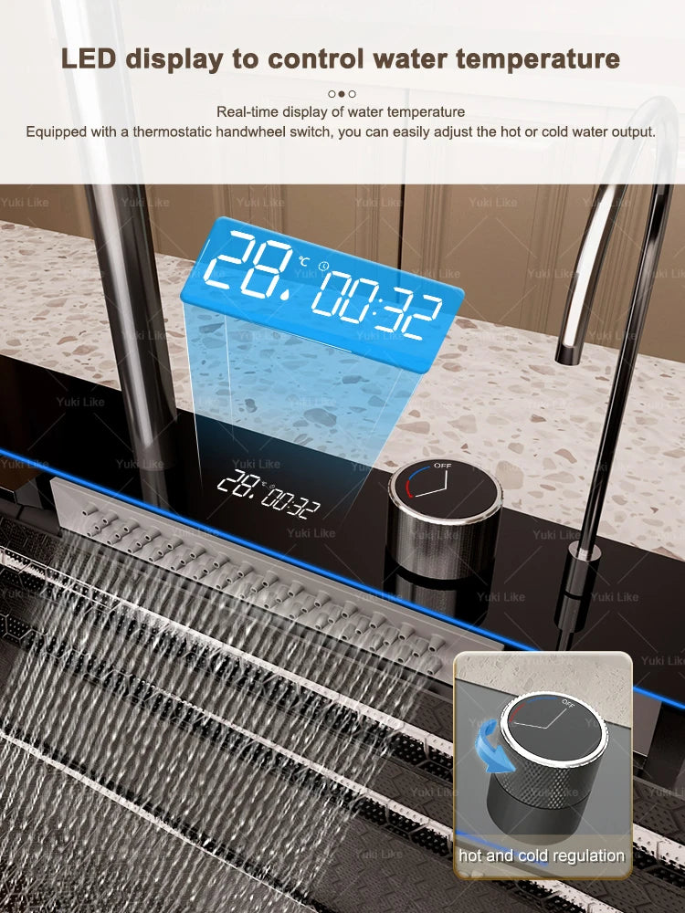 Stainless Steel Waterfall Kitchen Sink Extra Large Single Slot Multifunctional Sinks Digital Display Dishwashing Basin