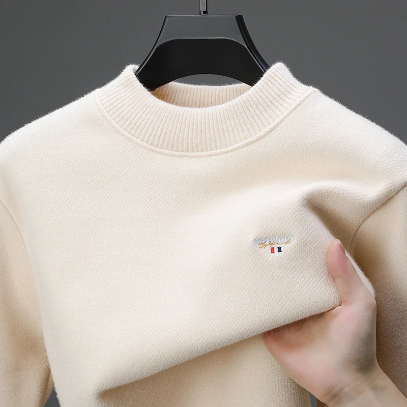 Luxury high-end round neck sweater men's winter trend brand embroidered Korean version casual plush warm thick knitted pullover.