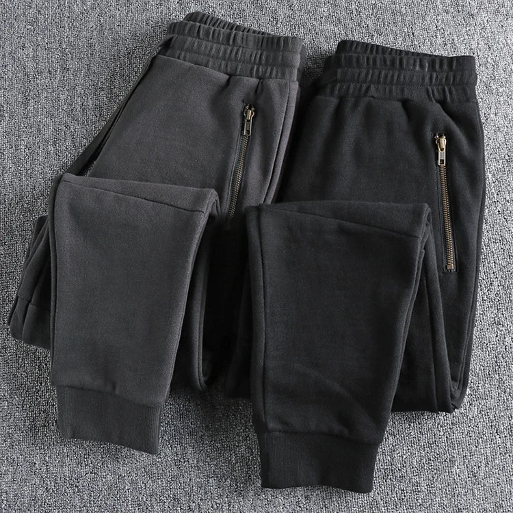 Autumn Winter American Retro Thick Sweatpants With Velvet Men's Pure Cotton Washed Heavyweight Knitted Sports Ankle-tied Pants.