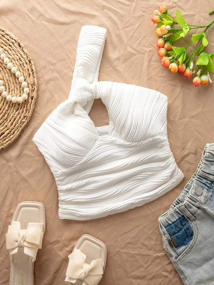 One shoulder openwork off-the-shoulder water ripple asymmetrical bandeau top.