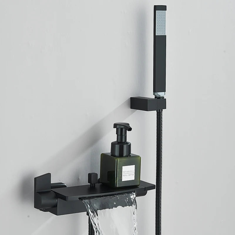 Black Waterfall Shower Faucet Bathroom Wall Mounted Bathtub Shower Faucets Dual Handles Hot Cold Water Mixer Tap with Handshower