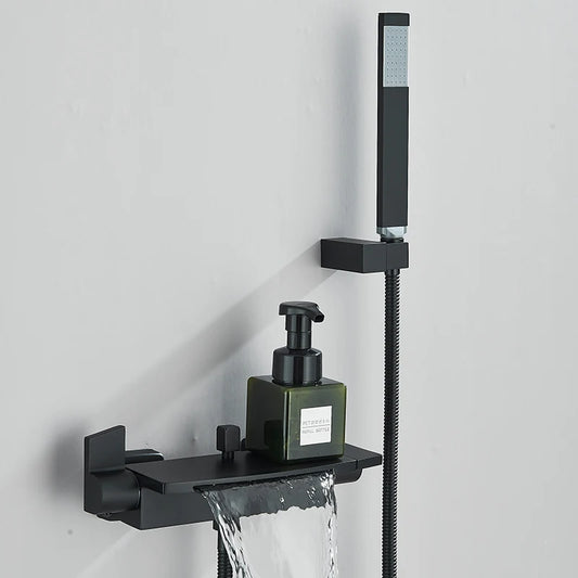 Black Waterfall Shower Faucet Bathroom Wall Mounted Bathtub Shower Faucets Dual Handles Hot Cold Water Mixer Tap with Handshower