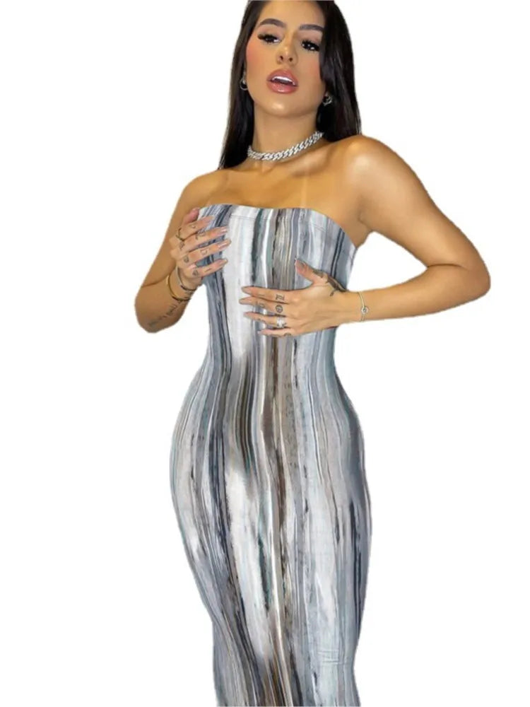 Sommer Lange Kleider Für Frauen Bodycon Brust Wrap Print Off Schulter Verband Schlank Sexy Kleid 2024 Neue Mode Party Vestidos.