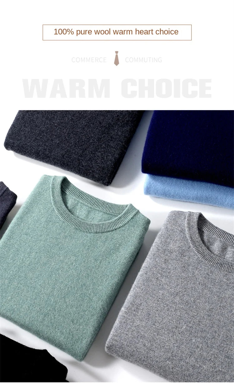 2025 100% Pure Merino Wool Men's Round Neck Pullover Solid Color Plus Size Casual Sweater Autumn And Winter Sports Cashmere Top.