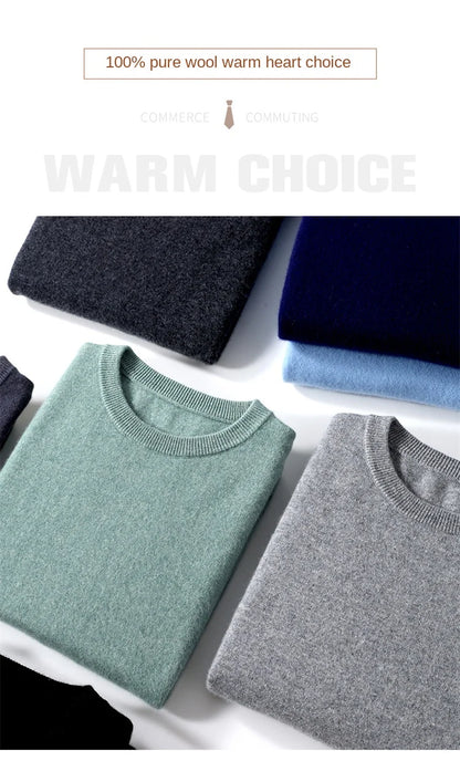 2025 100% Pure Merino Wool Men's Round Neck Pullover Solid Color Plus Size Casual Sweater Autumn And Winter Sports Cashmere Top.
