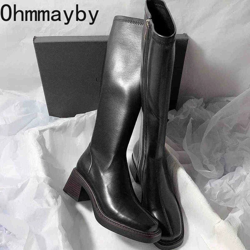 Vintage Thick Heel Women Knee High Boots Fashion Side Zippers Shoes Autumn Winter Ladies Concise Long Botas De Mujer.
