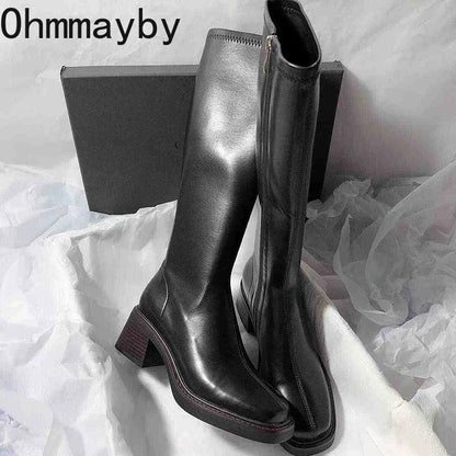 Vintage Thick Heel Women Knee High Boots Fashion Side Zippers Shoes Autumn Winter Ladies Concise Long Botas De Mujer.