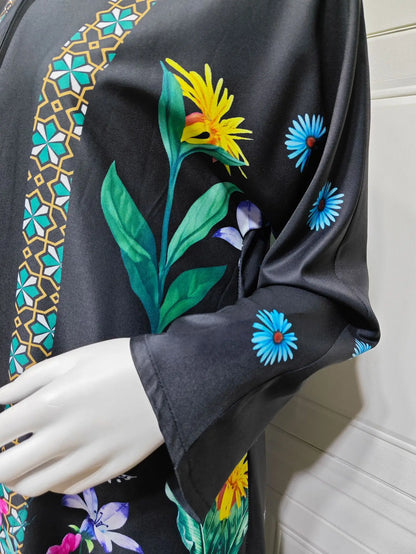 2025 Elegant Dubai Floral Print with Hijab Kimono Abaya Dress Luxury Saudi Arabia Muslim Women Islamic Middle East Turkey Robe