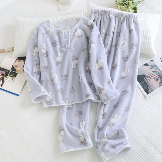 2025 New Winter Women's Pajama Set with Thickened Fleece and Flannel Warm Head Cartoon Comfortable Home Clothing Set Pijama.