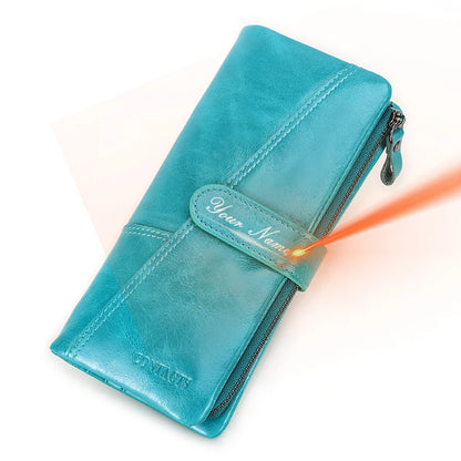 Contact's 100% Genuine Leather Wallet Women Long Coin Purse Hasp Design Clutch Bags Name Engraving Card Holder Wallets Cartera