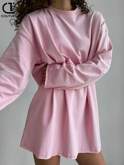 COUTUDI-Oversized T-Shirt for Women, Loose Pullover,Long Sleeve, Casual 100% Cotton Tee Shirt, Lady Tops, Korean Streetwears.