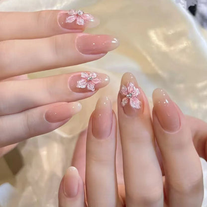 24pcs Graceful Bowknot Pearl Press on Nails White Petals False Nails Sweet Lace Designs Fake Nails French Almond Nail 3D Flower.