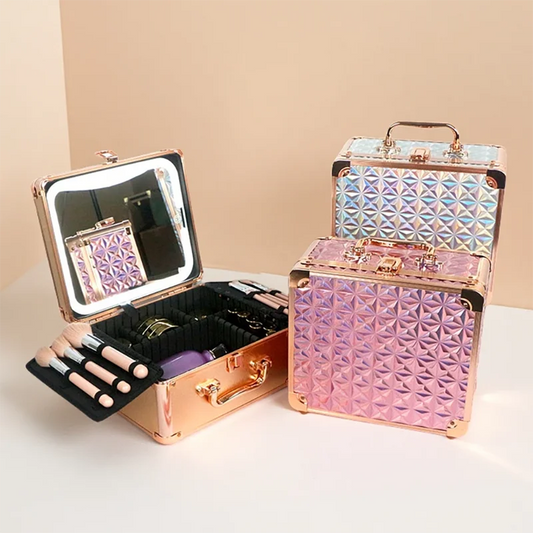 Portable Makeup Case With Light and Mirror 3 Adjustable Brightness LED Cosmetic Case Makeup Organizer Travel Train Case Storage.