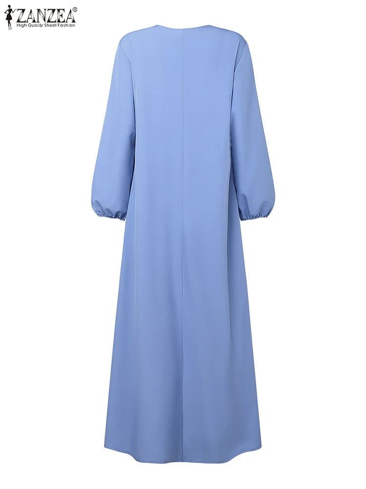 2025 ZANZEA Autumn Maxi Long Dress Women Elegant Long Sleeve Solid Pleated Sundress Patchwork Dresses Muslim Abaya Robe Femme.