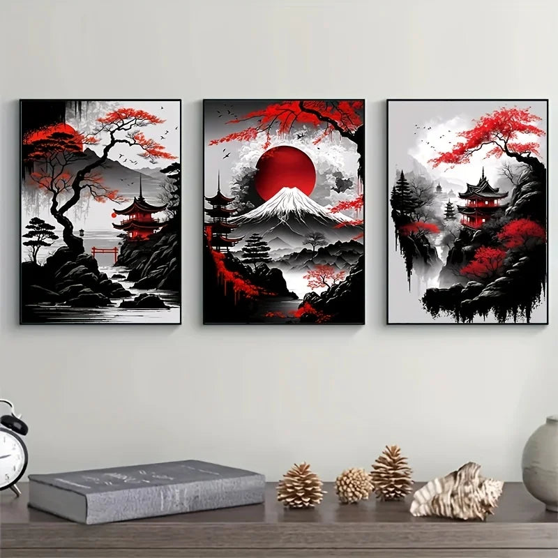 3pcs Frameless Japanese Natural Landscape Canvas Painting Black And Red Posters Vintage Ink Art Wall Prints For Living Room Home.