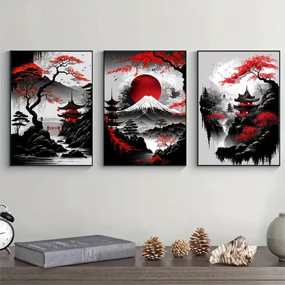 3pcs Frameless Japanese Natural Landscape Canvas Painting Black And Red Posters Vintage Ink Art Wall Prints For Living Room Home.