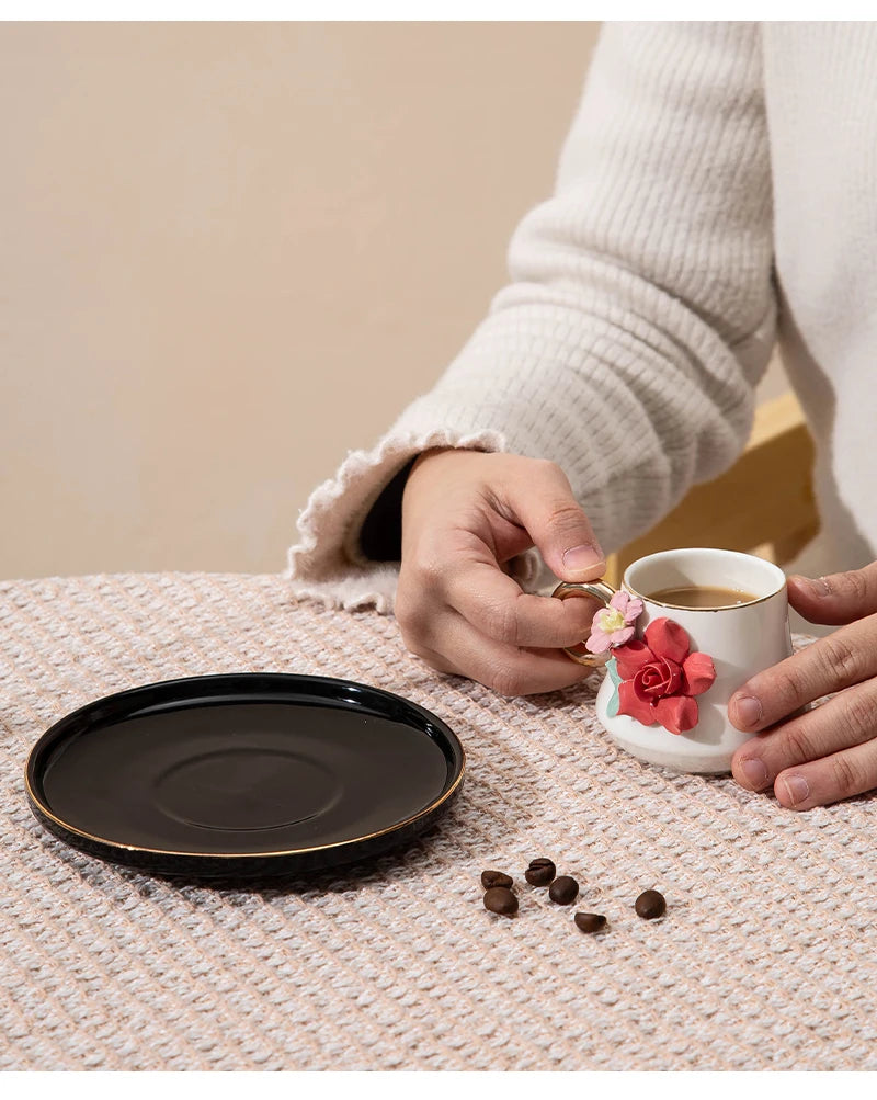 120ml Ceramic Coffee Cup Saucer Set Hand Pinched Flowers with Hand and Dish Milk Tea Porcelain Drinkware Tableware Gift.