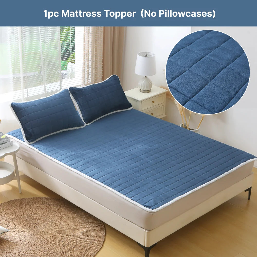 1pc Velvet Quilted Mattress Topper with Elastic Band, Thickened Warm Non-Slip Mattress Cover for Bed Sleeping, Camping, Floor.