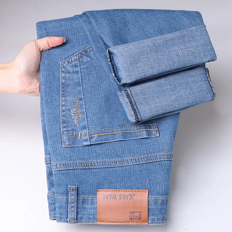2024 New Brand Men's Fit Straight Lightweight Cotton Stretch Denim Pants Casual Male High Waist Thin Light Blue Business Jeans.