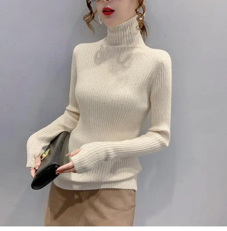 Women Clothing Fashion Elegant Turtleneck Pullover Autumn Winter Solid Slim Long Sleeve Sweater Office Lady Casual Dignified Top.
