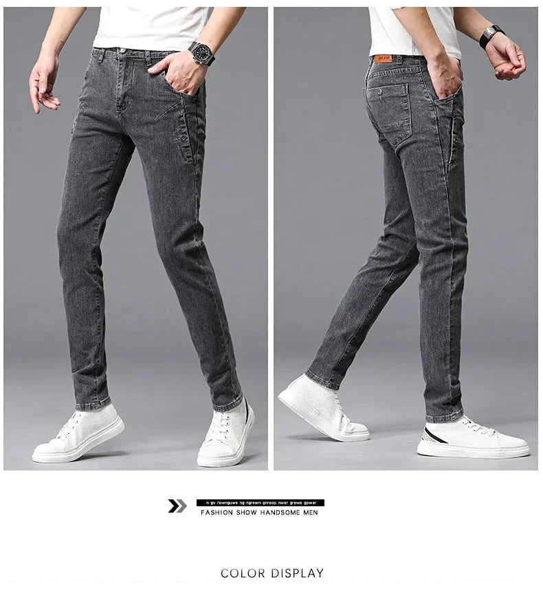 2024 New Men's Skinny Jeans Blue Gray Cotton Elasticity Straight Pencil Foot Slim Fit Fashionable Casual Denim Long Pants Male