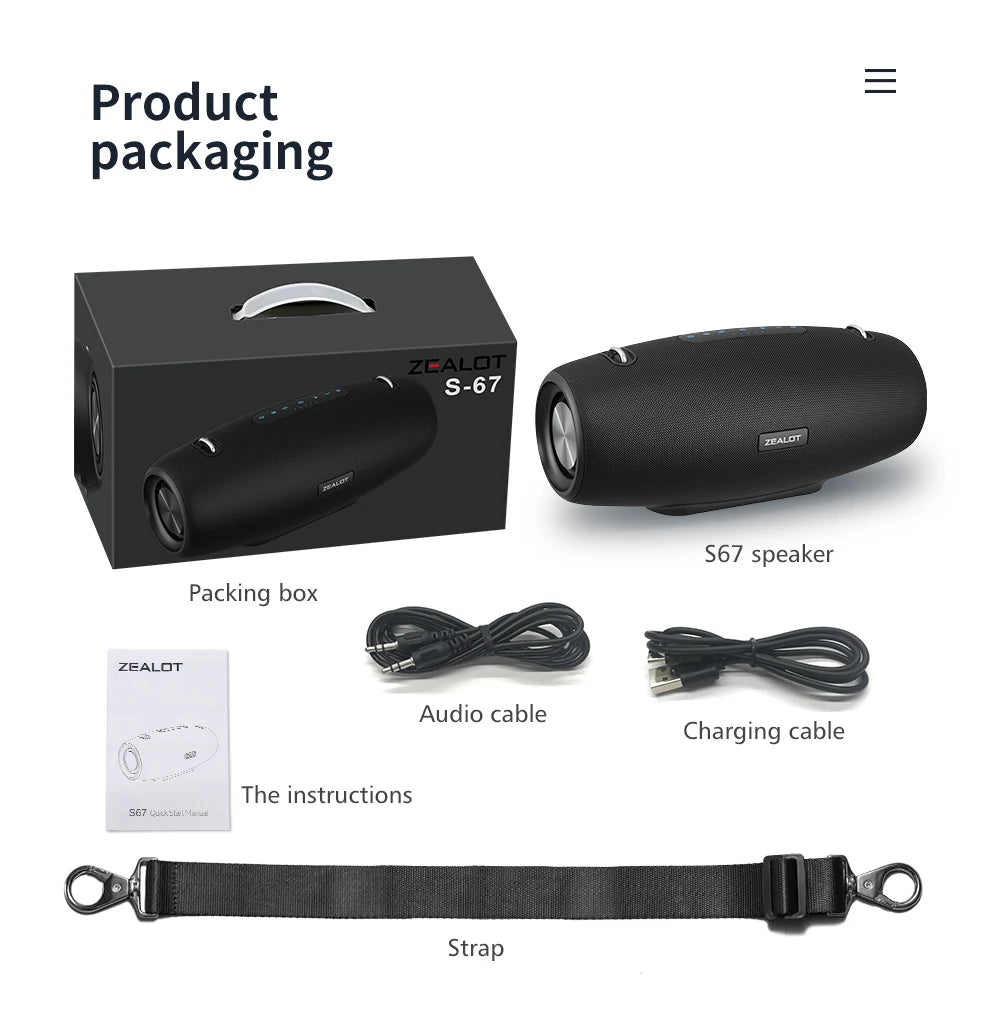 ZEALOT-S67 60W Portable Bluetooth Speaker Outdoor Party Speaker Big Loud Speaker Excellent Bass Performace 3D Speaker.