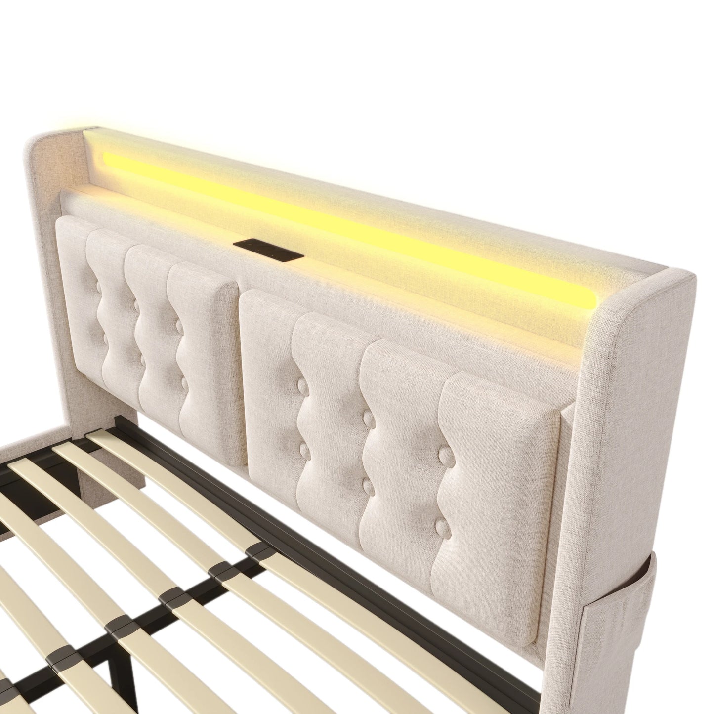 KOMHTOM Doppelbett Baumwolle - LED-Kopfteil, USB C Ladefunktion, 4 Schubladen, ohne Matratze