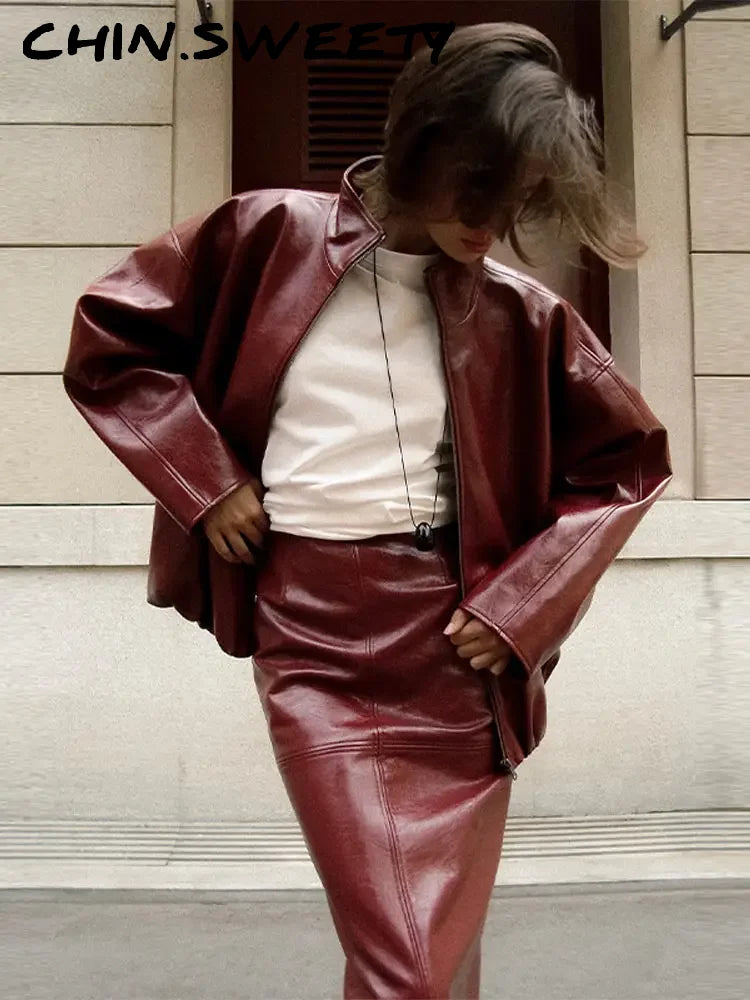 Stylish Leather Solid Jacket Pants Set Women Stand Collar Zipper Coat Loose Trousers Sets Female 2025 Autumn Fashion Streetwears.