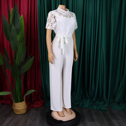Elegant Jumpsuits & Rompers for Women O Neck Lace Patchwork Short Sleeve Sashes High Waisted Luxury Birthday Party Dinner Outfit