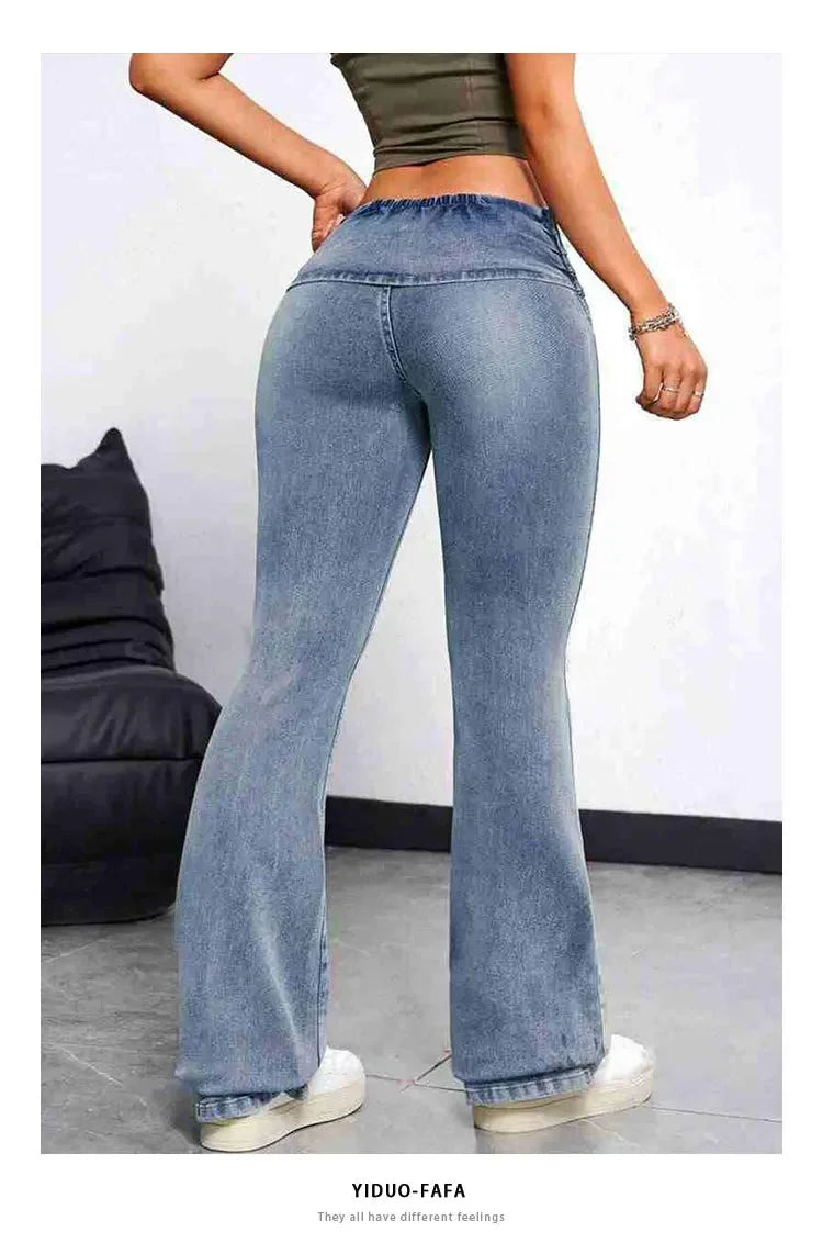 Sexy Peach Hip Jeans Women's Tight Elastic Trousers Slimming Booty Lifting High-Waisted Micro Bell Bottom Pants.