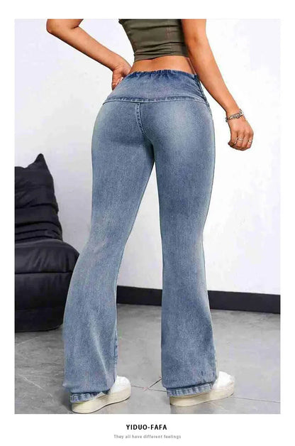 Sexy Peach Hip Jeans Women's Tight Elastic Trousers Slimming Booty Lifting High-Waisted Micro Bell Bottom Pants.