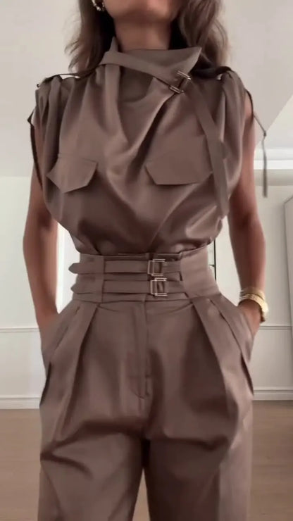 Spring Summer New Women's Clothing Personalized Shoulder Slimming Waist-Slimming Belt Decoration Blouse Top Pants Set.