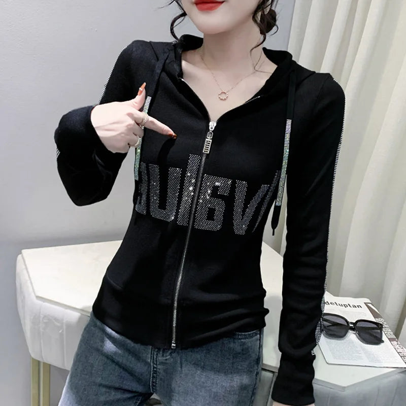 #7937Black Grey Women Hoodies Sweatshirt Tops Pullovers Diamonds Letters Slim Streetwear Short Hoodies Woman Zipper Korean Style