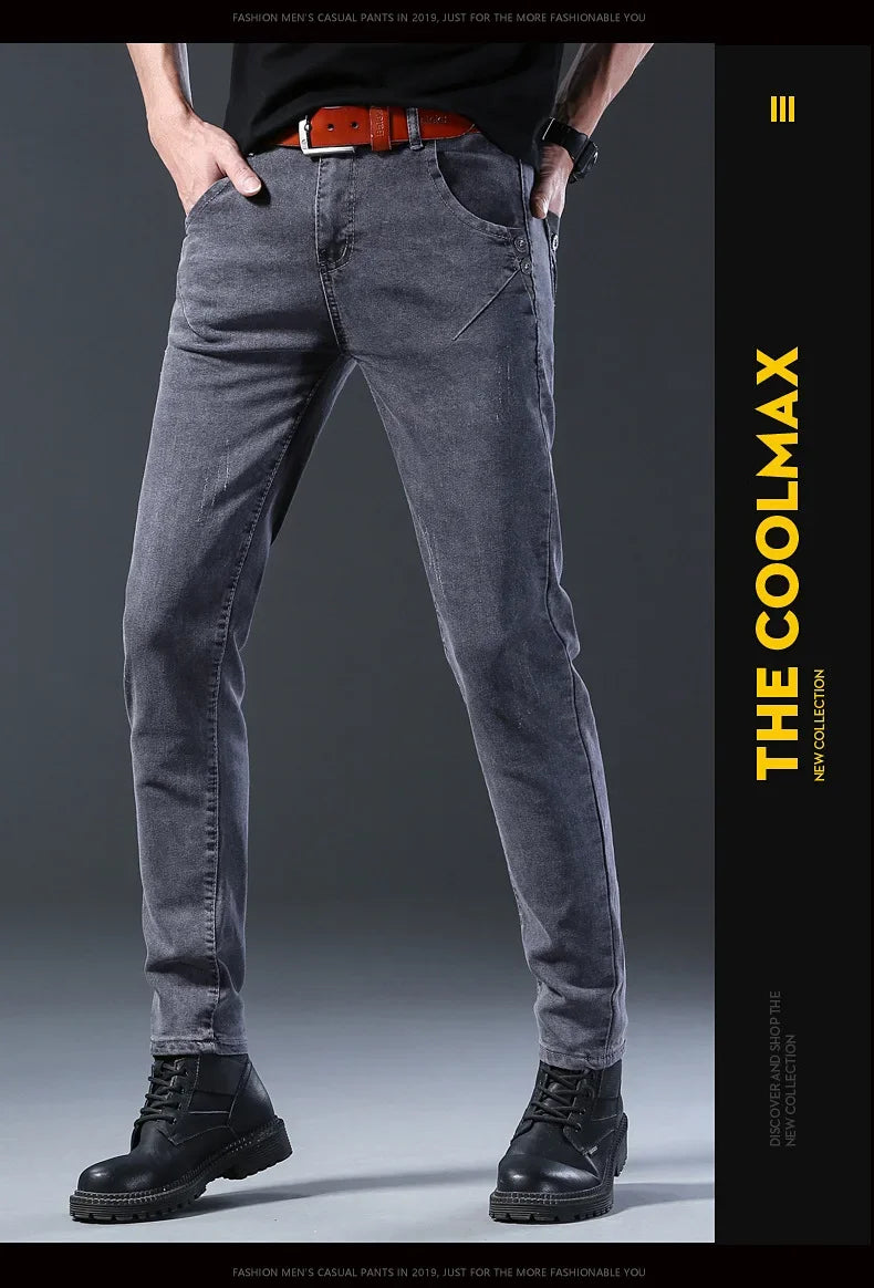 Frühling Herbst Xintang Denim Jeans Herren Slim Fit Casual Trendy Modische Alltagskleidung Blau Gerade Bein Hosen Elastische Taille