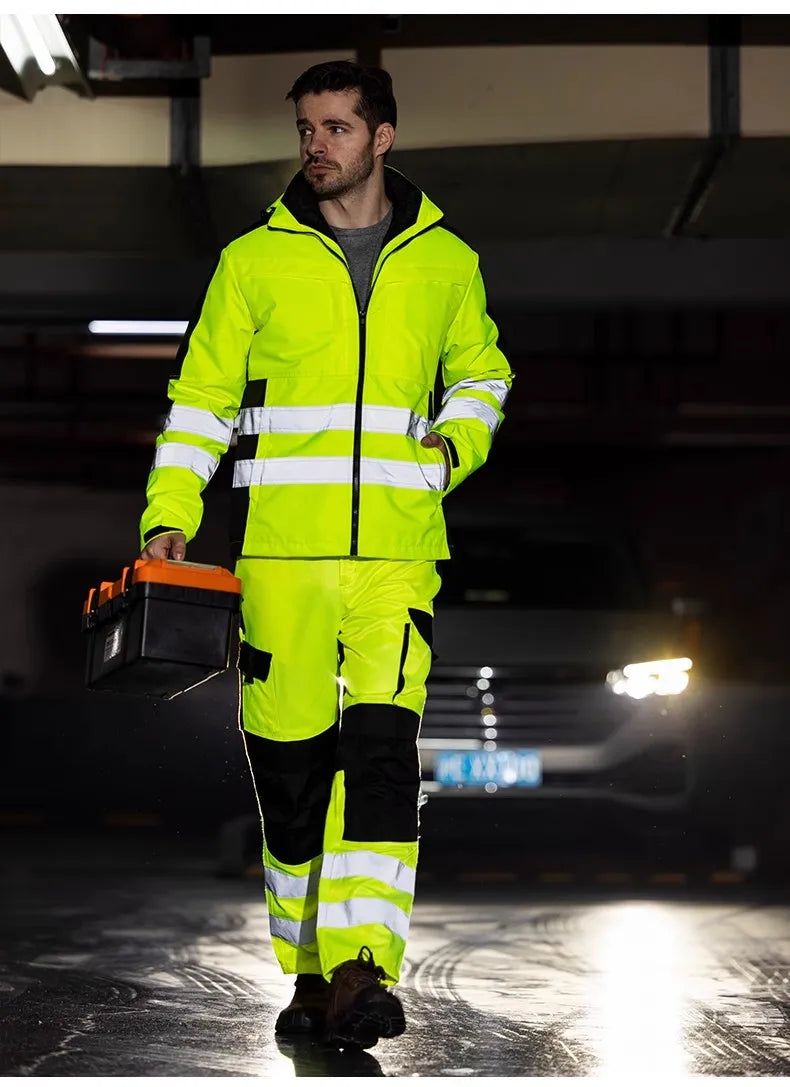High Visibility Workwear Winter Clothes Hi Vis Suit Reflective Jacket Waterproof Winter and Pockets Reflective Work Pants Set.
