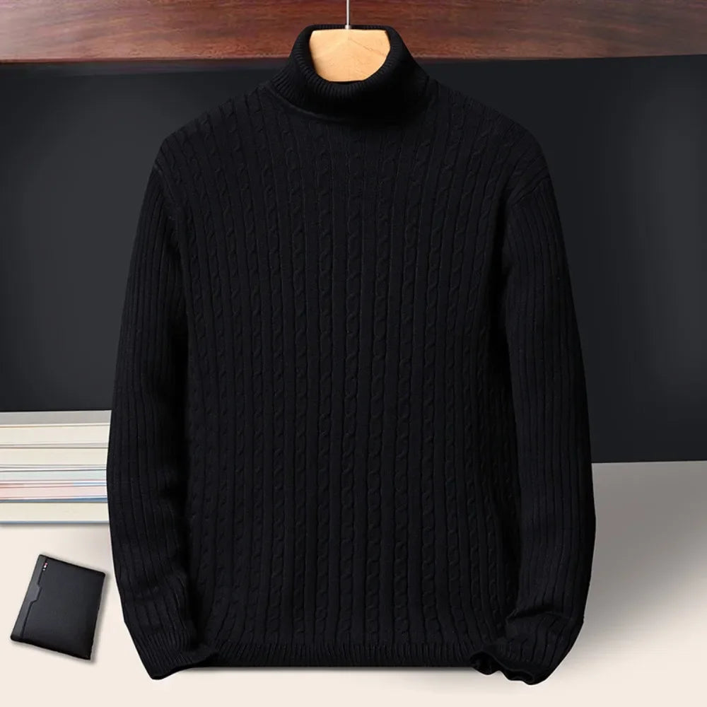 Autumn Winter New Men's Roll neck Sweaters Knitted Jacquard Pullover Warmth Long Sleeved Solid Color Classic Casual Clothing.